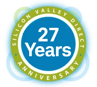 Circular anniversary badge for Silicon Valley Direct, blue center reads '27 Years' with green outer ring saying 'Silicon Valley Direct Anniversary'
