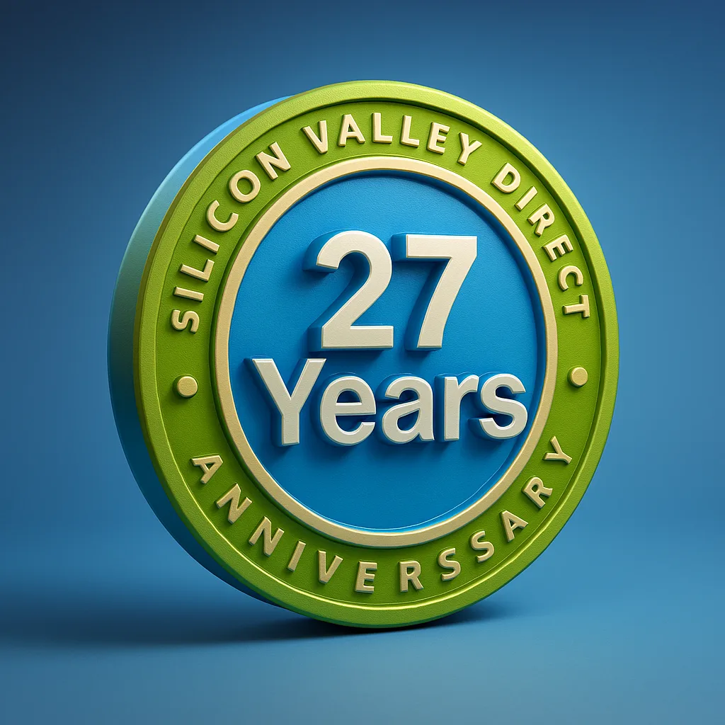Green and blue circular anniversary badge reading '27 Years' with 'Silicon Valley Direct' around the edge.