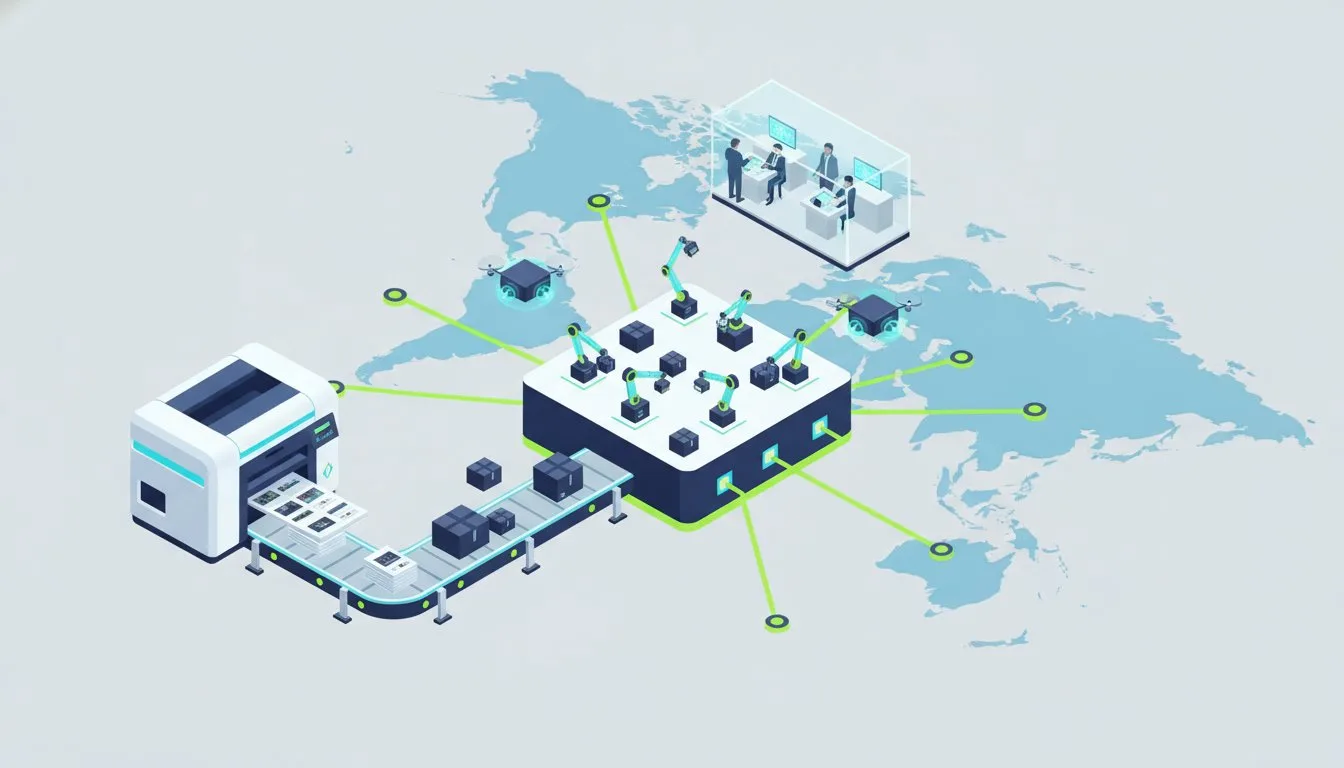 Isometric illustration of a central data/control hub connected by green lines to factories and robots around a world map, showing global industrial automation.