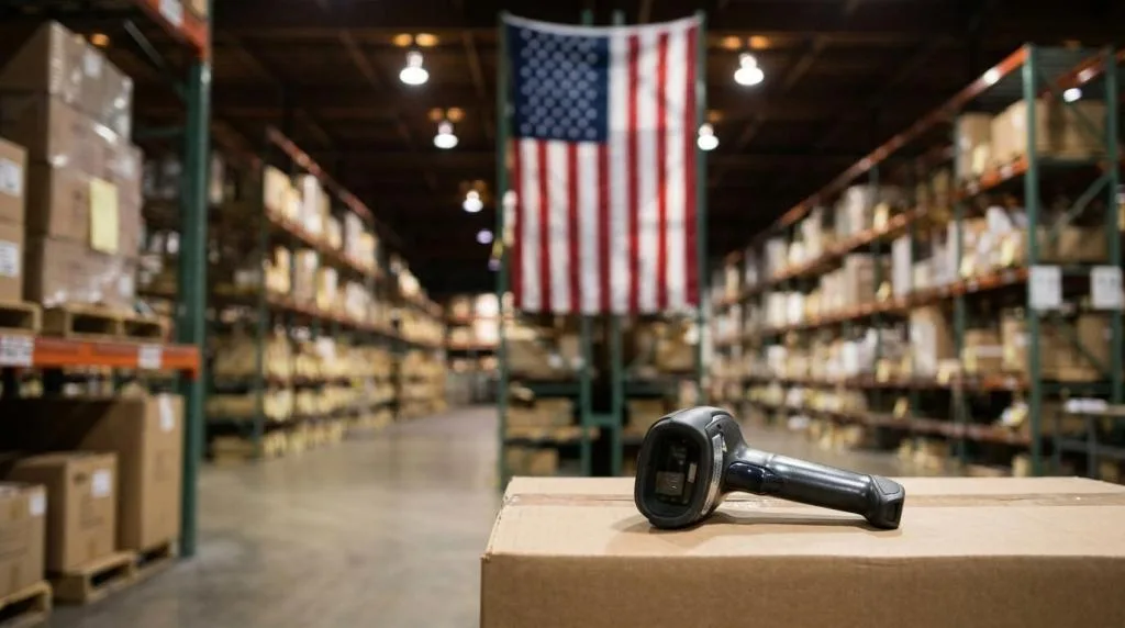 Barcode scanner lying on a cardboard box in a warehouse with tall shelves and an American flag overhead.
